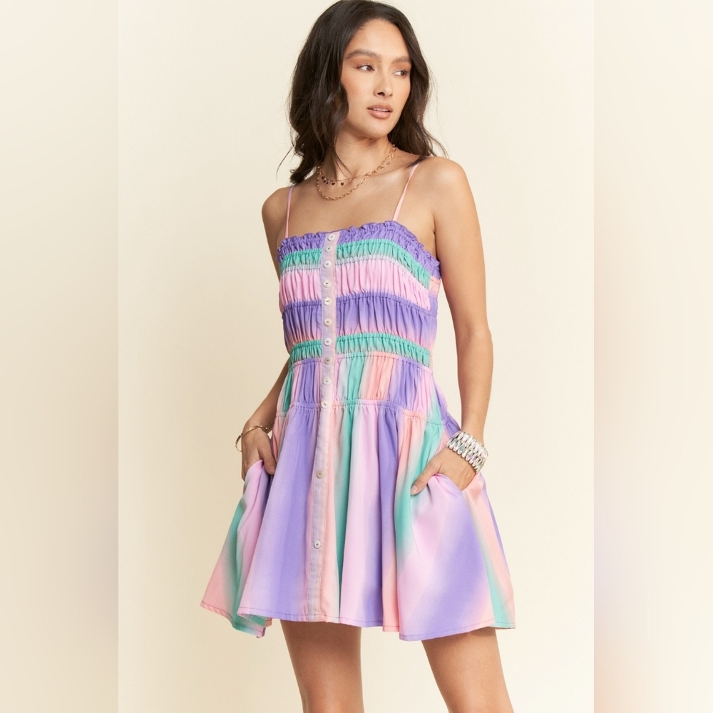 ​Davi & Dani Pastel Ombre Smocked Mini Fit & Flare Dress with Pockets | S/M/L